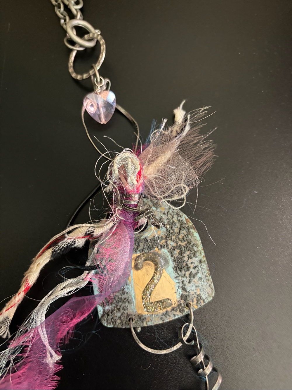 Up Cycled Silver Chain Pendant Necklace with Pink Accents- with crystal prism - Picture 3 of 4